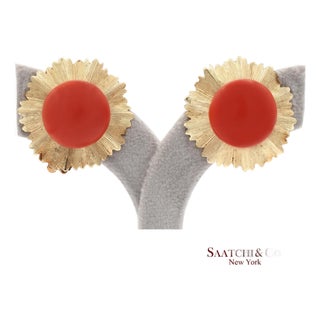 Vintage Gia Certified 14k Yellow Gold Natural Coral Earrings With Omega Back, Pair For Sale