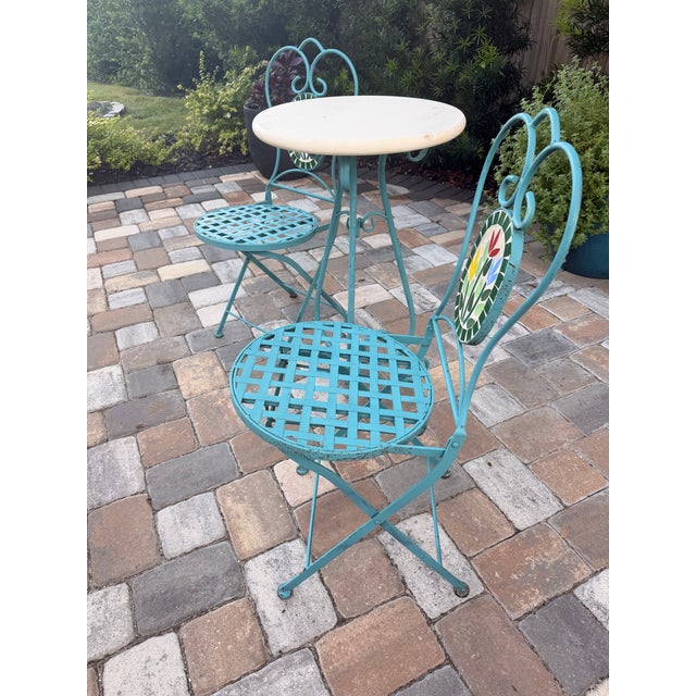 Turquoise Vintage Turquoise Iron Garden Bistro Set With Floral Mosaic Folding Chairs For Sale - Image 8 of 12
