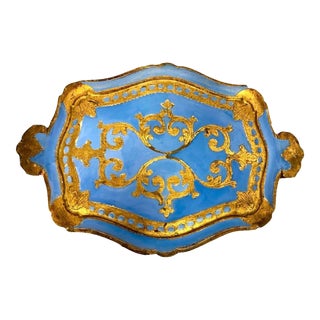 1970s Gilt & Robin’s Egg Blue Italian Florentine Tray For Sale