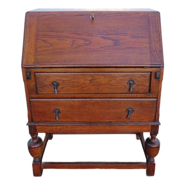 Early 1900s Solid Oak Leather Top Secretary Desk 6630 For Sale