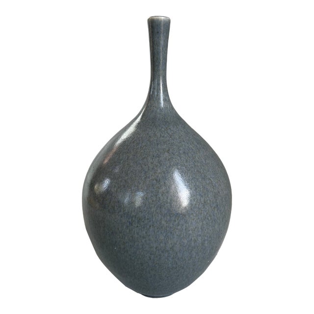 Vintage Scandinavian Modern Mottled Blue Glazed Vase Signed by Swedish Ceramist Gunnar Hartman (B. 1949) For Sale