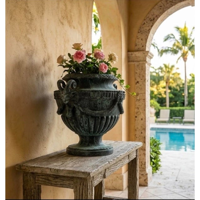 Verdigris Neoclassical Classical Style Cast Iron Garden Urn With Ram's Head Handles For Sale - Image 8 of 11