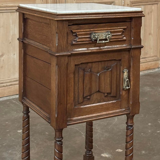 Pair of Gothic Revival Oak Nightstands With Carrara Marble Tops For Sale - Image 4 of 17