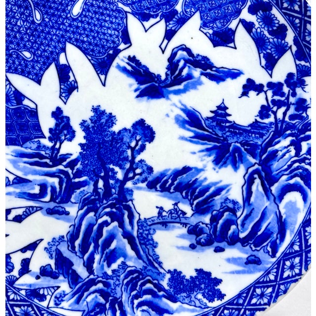 Japanese Antique Japanese Blue & White Porcelain Charger With Yamatoku Mark, Early 20th Century For Sale - Image 3 of 8