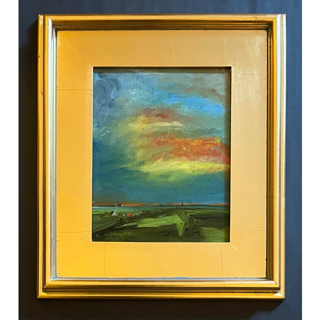 Original oil painting on Masonite of a remote landscape in the Netherlands with cottages and windmills at sunset by Satori...