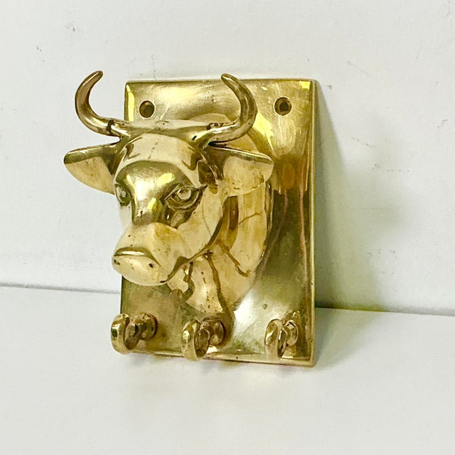 Farmhouse Mid-Century Boho Chic Farmhouse SoutwesternBrass Bull Wall Hooks - 3 Small Key, 1 Large Hook For Sale - Image 3 of 9