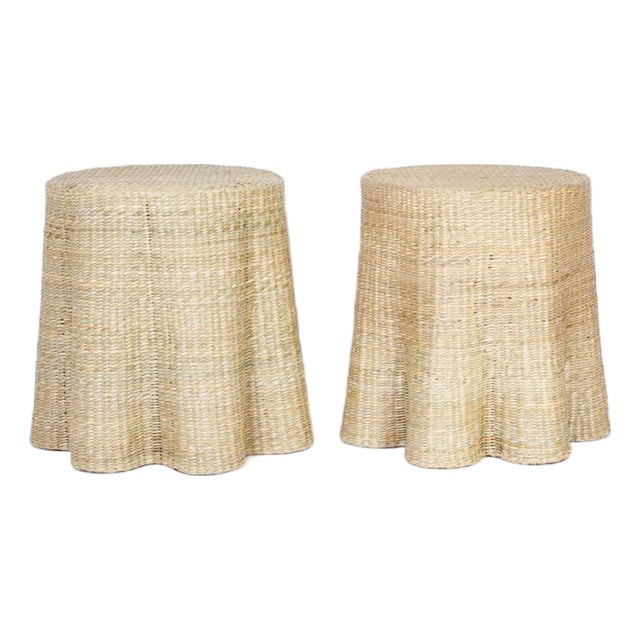 Pair of Round Wicker Drapery Ghost Tables or Stands For Sale