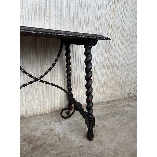 19th Spanish Side or Coffee Table With Iron Stretcher and Solomonic Legs For Sale - Image 10 of 13