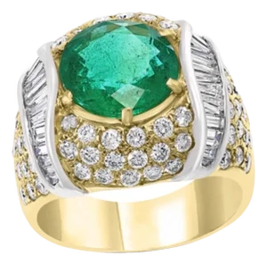 7 Carat Round Colombian Emerald and Diamond 18 Karat Gold Ring, Estate, Unisex