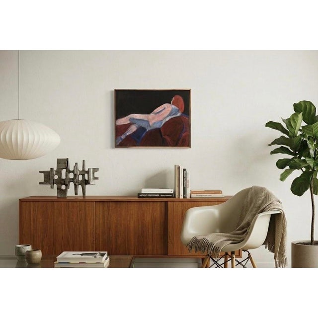 Modernist style reclining nude. Oil on canvas mounted on wood and framed in a beautiful walnut. Unsigned. 12.5" x 16.5".