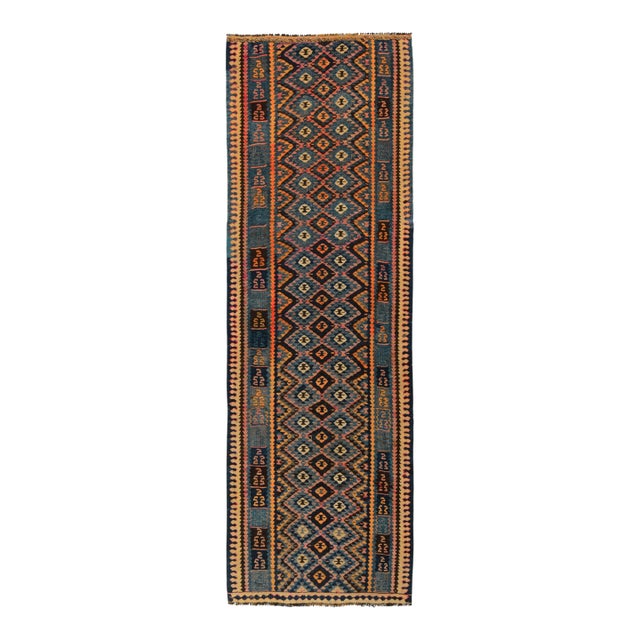 Handwoven Vintage Turkish Kilim Runner in Gold-Orange, Blue Geometric Pattern For Sale