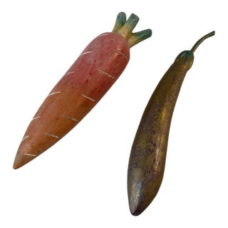 Vintage Hand Carved and Painted Wooden Turnip and Eggplant - 2 Pieces For Sale