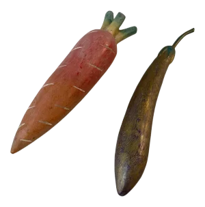 Vintage Hand Carved and Painted Wooden Turnip and Eggplant - 2 Pieces