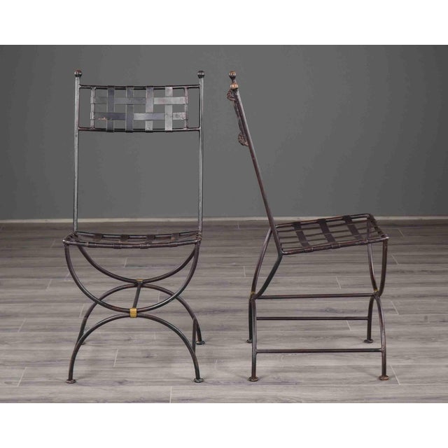 Mid 20th Century Set of Four French Iron Curule Side Chairs With Woven Strap Seats For Sale - Image 5 of 12