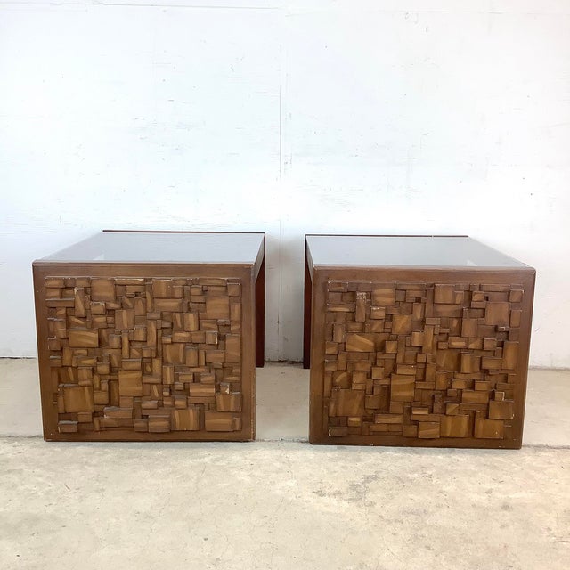 Lane Furniture Pair of Vintage Brutalist End Tables With Glass Tops For Sale - Image 4 of 12