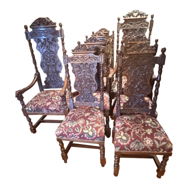 Late 19th Century Antique English Gothic Revival Carved High Back Dining Chairs – Set of 8 For Sale