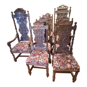 Late 19th Century Antique English Gothic Revival Carved High Back Dining Chairs – Set of 8