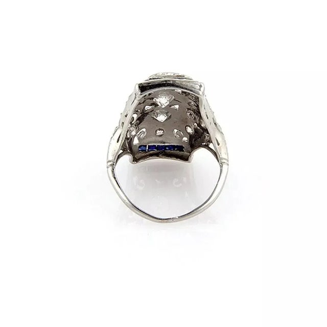 Diamond & Sapphire Platinum Long Milgrain Open Filigree Ring - Size 5 For Sale - Image 4 of 4