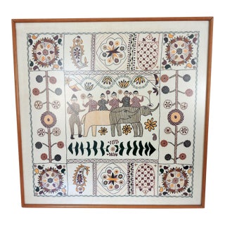 Primitive Bangladesh Embroidered Fabric Picture Panel With Elephants and Mahouts For Sale