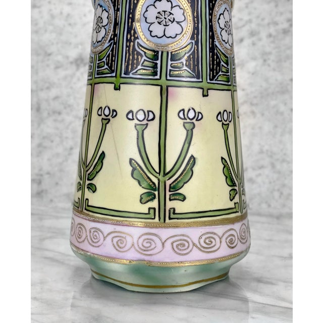 Ceramic Antique Japanese Nippon Porcelain Double Handle Floral Motif Vase For Sale - Image 7 of 12