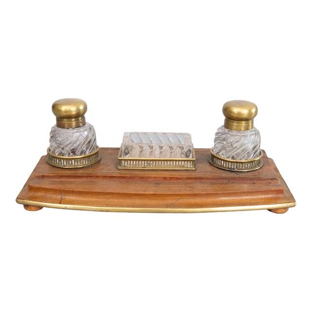 19th Century French Baccarat Crystal & Oak Double Inkwell Inkstand Desk Set For Sale