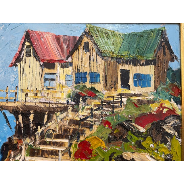 1960s Vintage Colorful Private Beach House Painting For Sale - Image 5 of 13