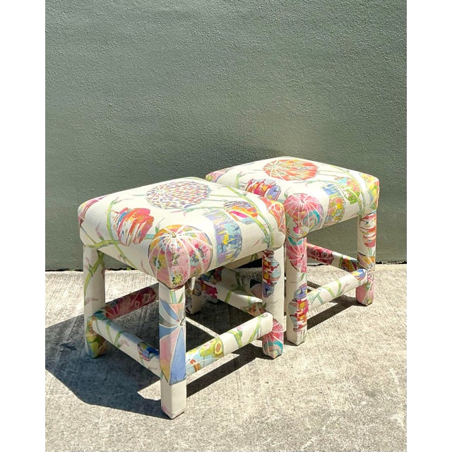 Vintage Printed Paper Napkin Low Stools - A Pair For Sale - Image 11 of 12