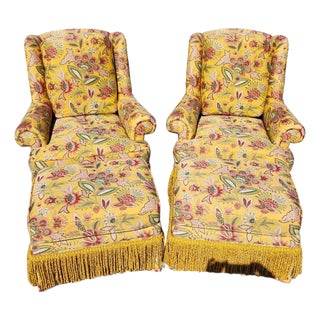 Taylor King Wingback Lounge Chairs & Ottomans Pair For Sale