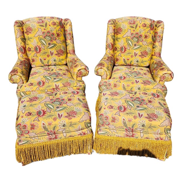 Taylor King Wingback Lounge Chairs & Ottomans Pair For Sale