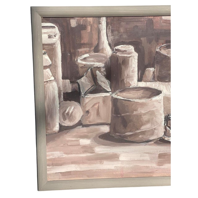Mid-Century Modern Mid Century Modern Style Framed Still Life Interior Study Monochromatic Oil on Board Painting For Sale - Image 3 of 12