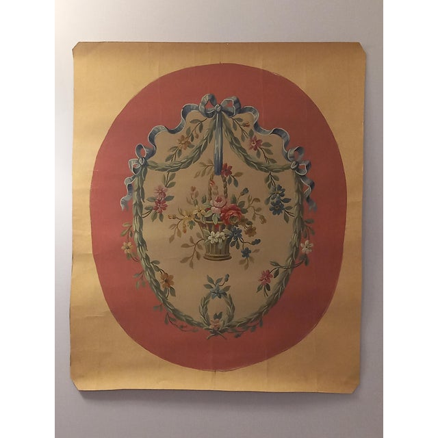 Study for Louis XVI Style Tapestry with Basket of Flowers and Ribbons, 1890s, Gouache on Paper For Sale - Image 3 of 4
