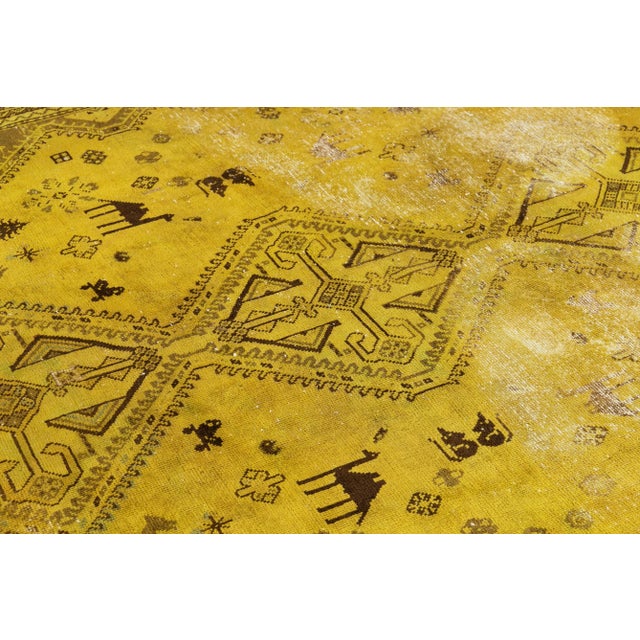 Vintage Distressed Turkish Handmade Yellow Tribal Wool Rug For Sale - Image 9 of 11