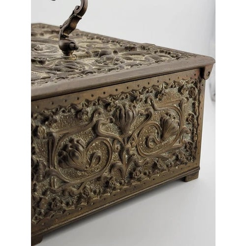 Rare Gourgeous Antique Victorian Renaissance 1880 German Heavy Brass Repousse Jewelry Casket/ Trinket For Sale - Image 9 of 12