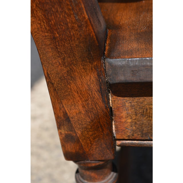 Antique Elgin a Simonds Dark Oak Wood Wainscot Side / Dining Chair W/ Arms & Carved Back For Sale - Image 6 of 18
