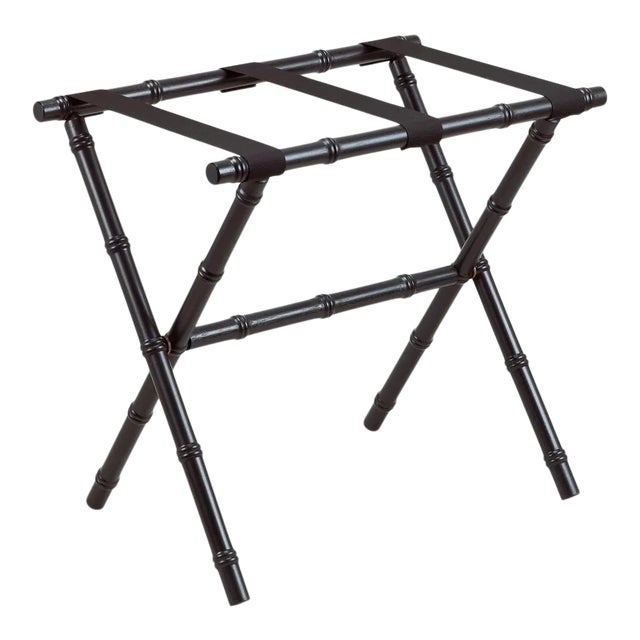 Black Wood Bamboo Inspired Luggage Rack with 3 Fine Black Nylon Straps For Sale
