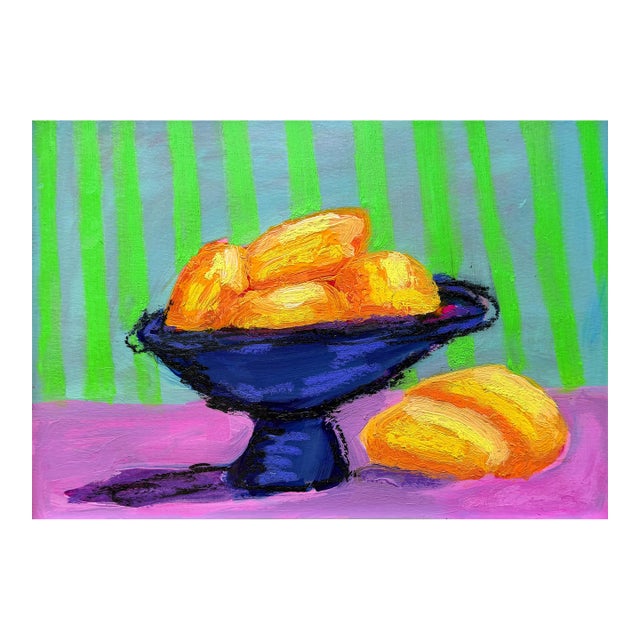 Contemporary Still Life Painting of Lemons in Blue Bowl, Acrylic and Oil Pastel on Paper, 9x12 For Sale