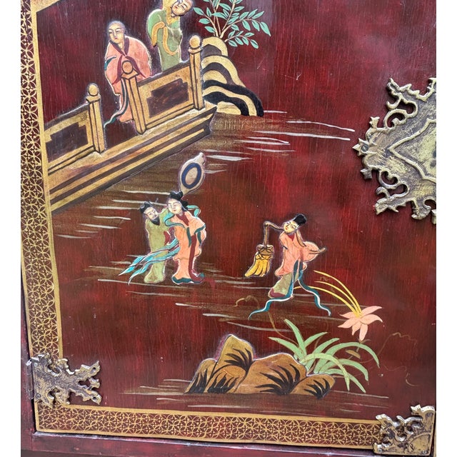 Antique Asian Oxblood Red Cabinet With Green Interior For Sale - Image 13 of 18