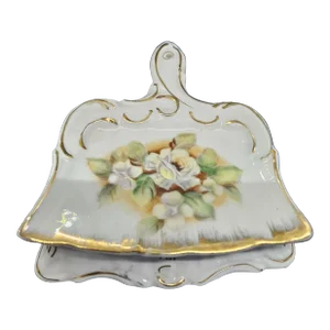 Vtg Floral Porcelain Hand Painted Gold Trim Silent Butler Dust Pan Shape Trinket China