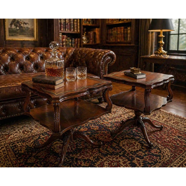 A tailored nod to classic English design, this 1950s pair of Georgian Revival occasional tables brings structure and...