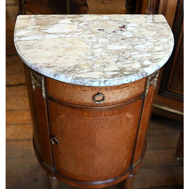 Louis XVI Marble Top Half-Moon Console Cabinets, Set of 2 For Sale - Image 3 of 6