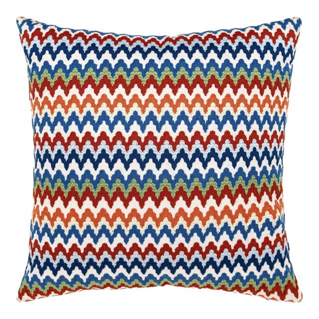 Scalamandre 22" x 22" Rainbow Mountain Crewel Pillow in Cobalt Rouge For Sale