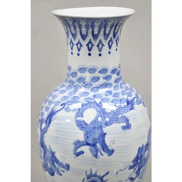 Vintage Chinese Export Delf Style Blue and White Porcelain 25" Tall Dragon Vase For Sale - Image 4 of 11