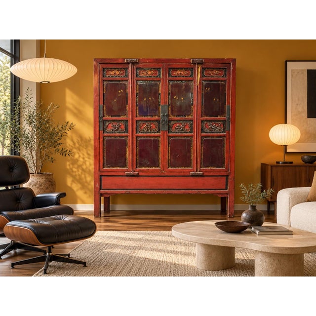 Early 20th Century Chinese Red-Lacquer Carved Wood Armoire With Hand ...