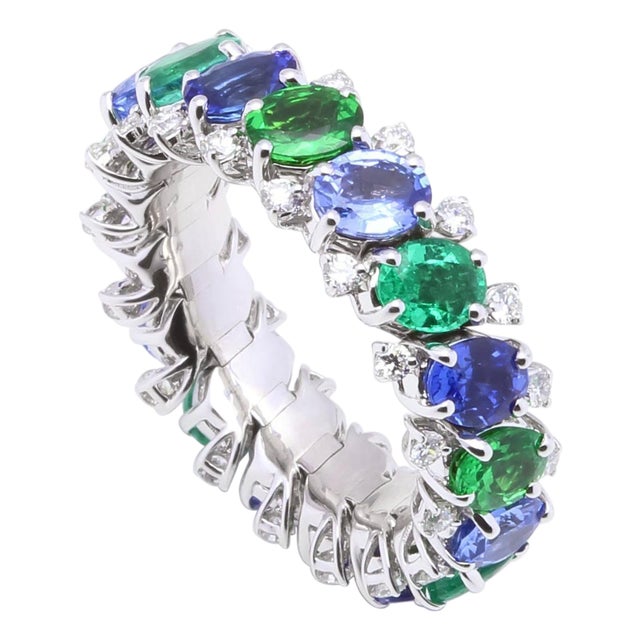 Diamond Emerald Sapphire Tsavorite Flexible Unique Eternity Band White Gold Ring, Size 5 For Sale