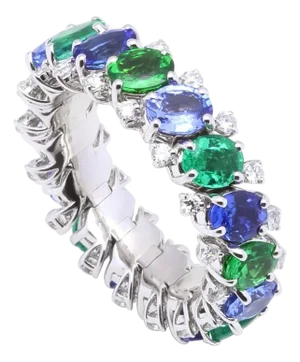 Diamond Emerald Sapphire Tsavorite Flexible Unique Eternity Band White Gold Ring, Size 5