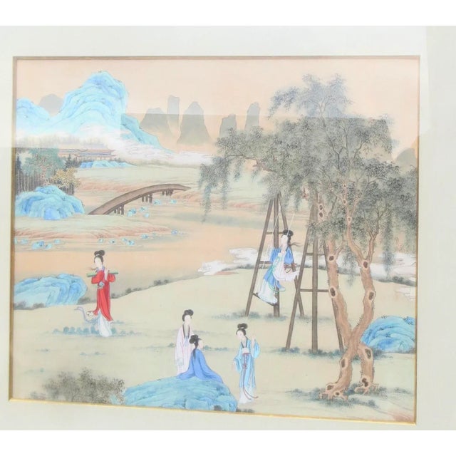 Chinese watercolor on paper. Maidens in a landscape, is a classic theme in Chinese art. Young beauties in a leisurely walk...