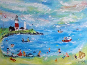 Therese James "Montauk Point Lighthouse" contemporary naive school painting 2016