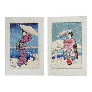 Small Vintage Maiko in the Snow Small Japanese Woodblock Prints - a Pair
