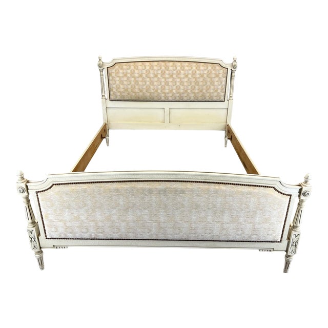 Large Vintage French Bed Frame with Carved Headboard For Sale