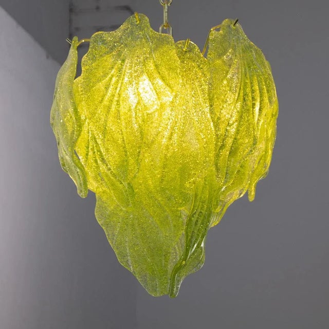 Light Green Suspension Chandelier with Murano Glass Leaves, Italy, 1990s For Sale - Image 4 of 10